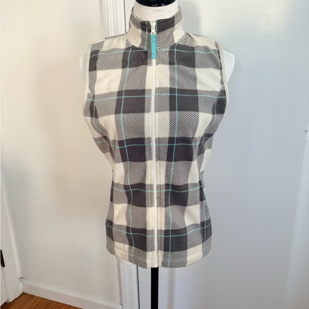 made for life Plaid Fleece Vest in Ivory, Gray & Teal Trim